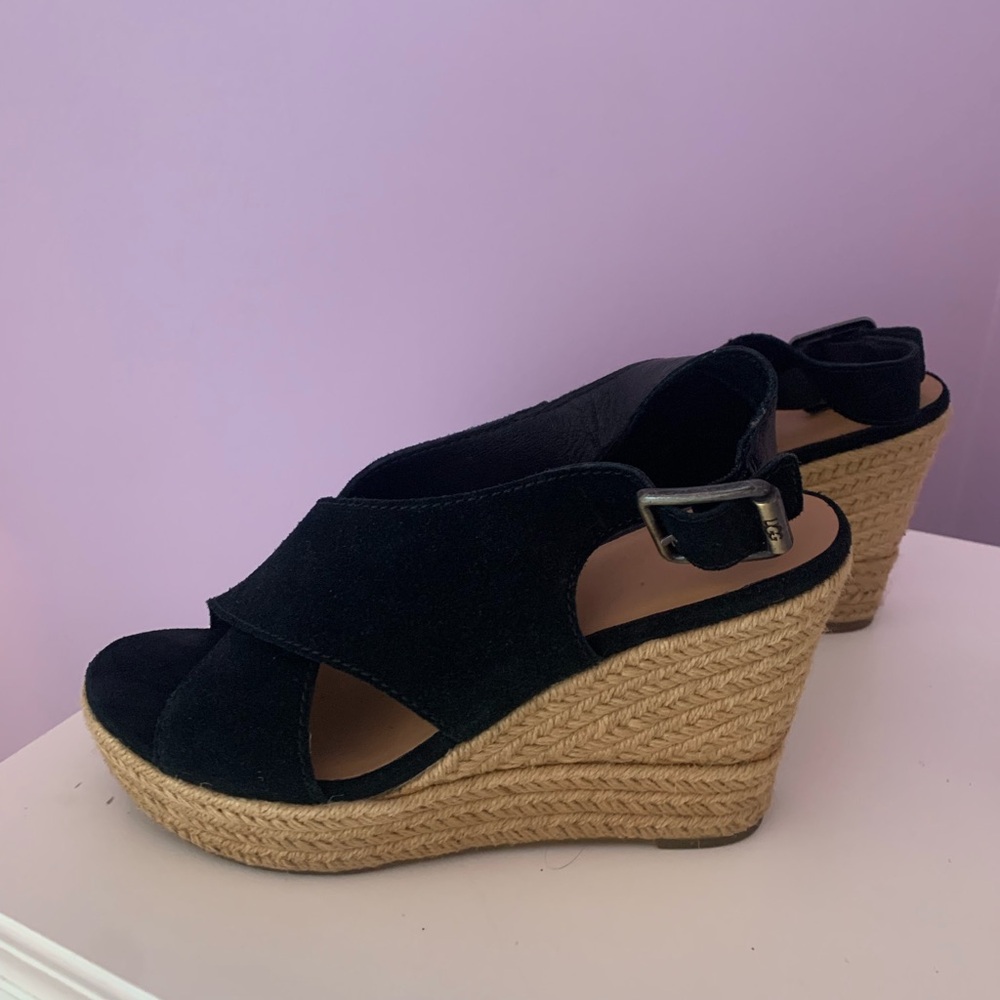 UGG Black Suede Espadrille Wedge Sandals